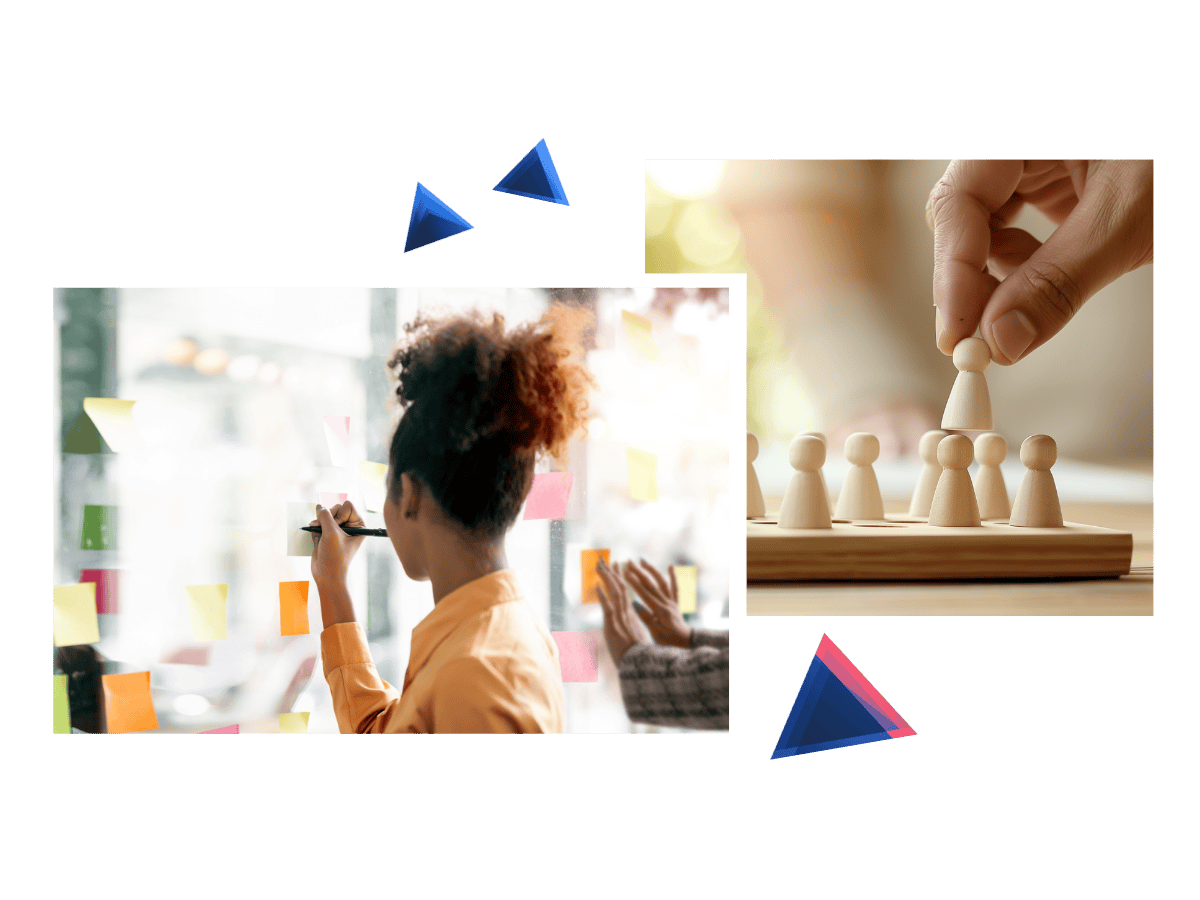 Persoon die brainstormt op een whiteboard met plaknotities, naast een hand die strategische zetten maakt op een spelbord.