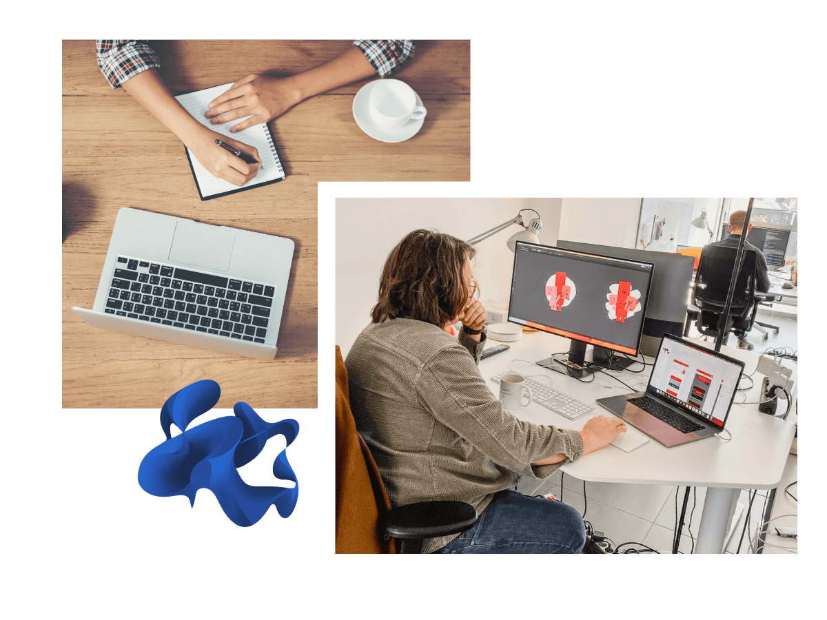 A collage of two images illustrating the process of having a website created: top left a person taking notes next to a cup of coffee, top right a workstation with two monitors showing graphic designs.