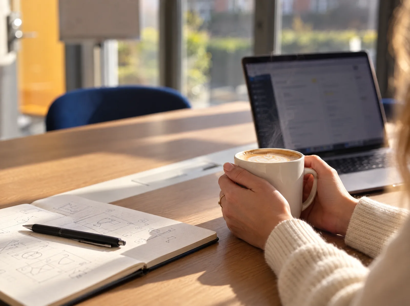 Handen rond een koffie naast een notitieboek met schetsen en een laptop in de vergaderzaal van Zenjoy