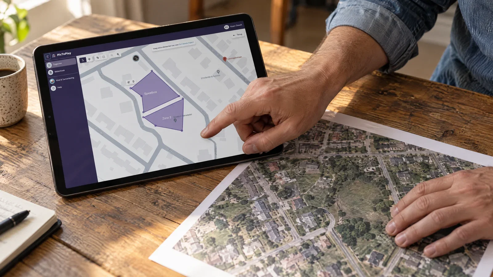 Een begeleider stelt zones in op een tablet, naast een geprinte luchtfoto van de buurt.