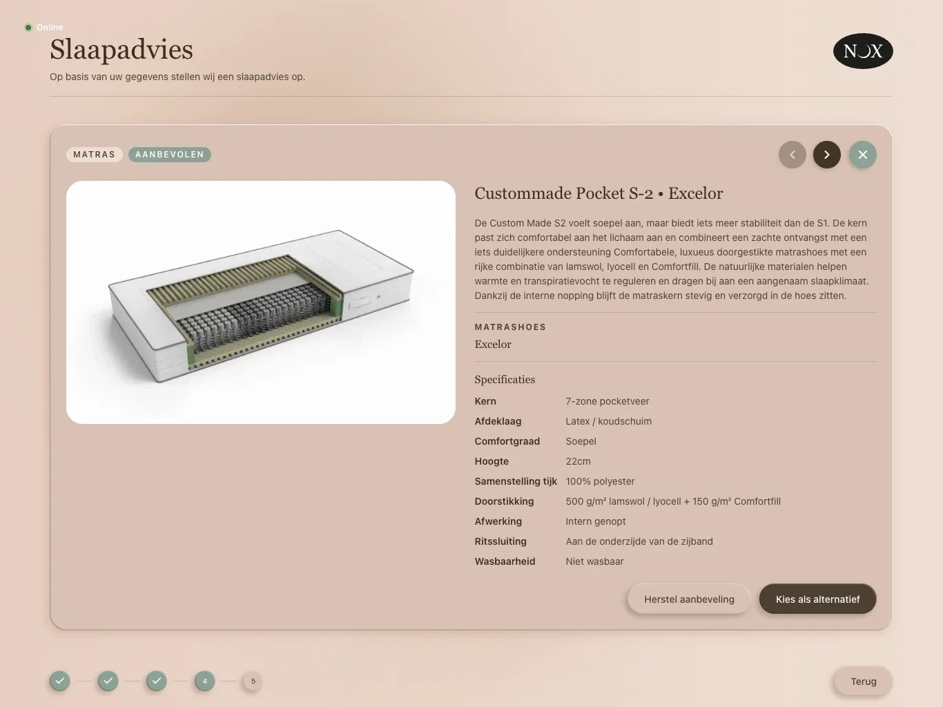 Mattress product detail with description and specifications in the NOX configurator