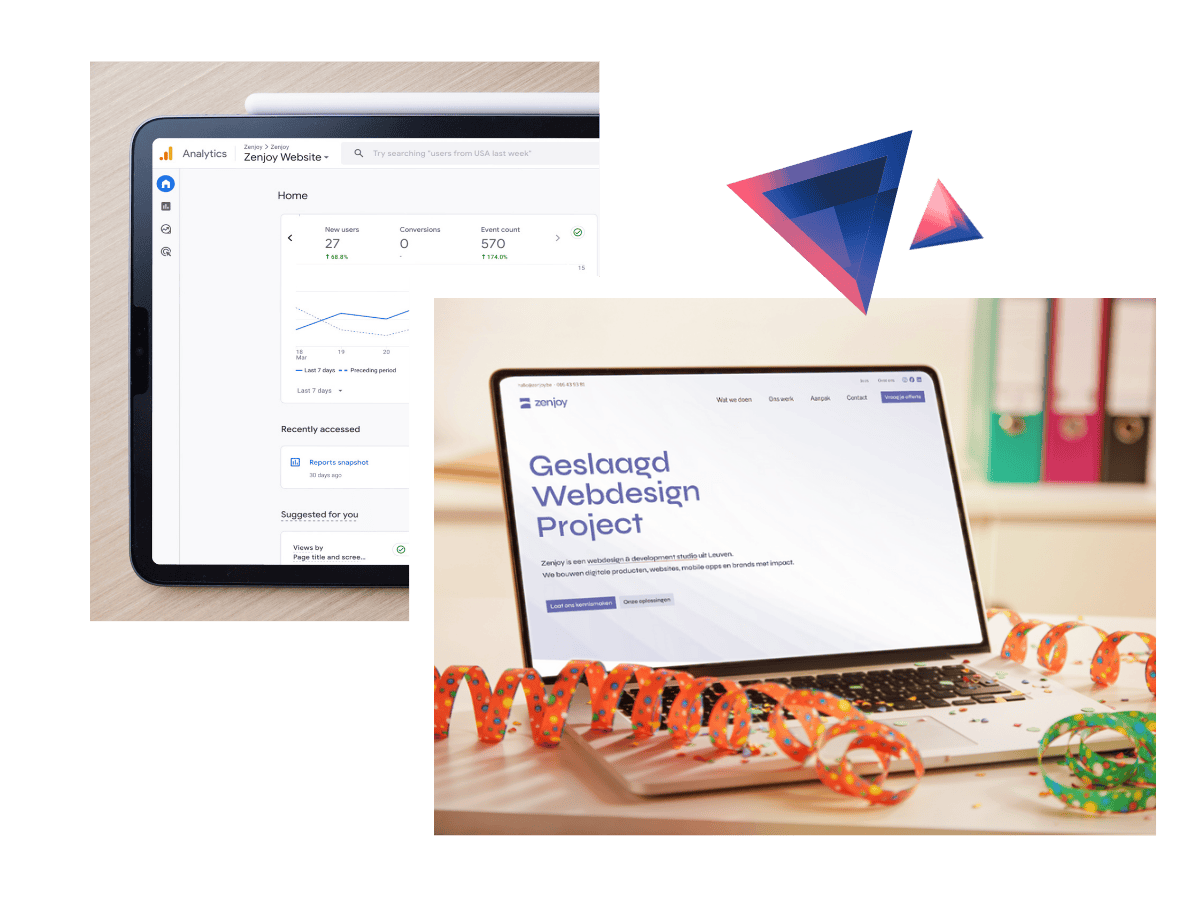 Tablet and laptop on a wooden desk with open web analytics and web design project pages, symbolising web design success and launch