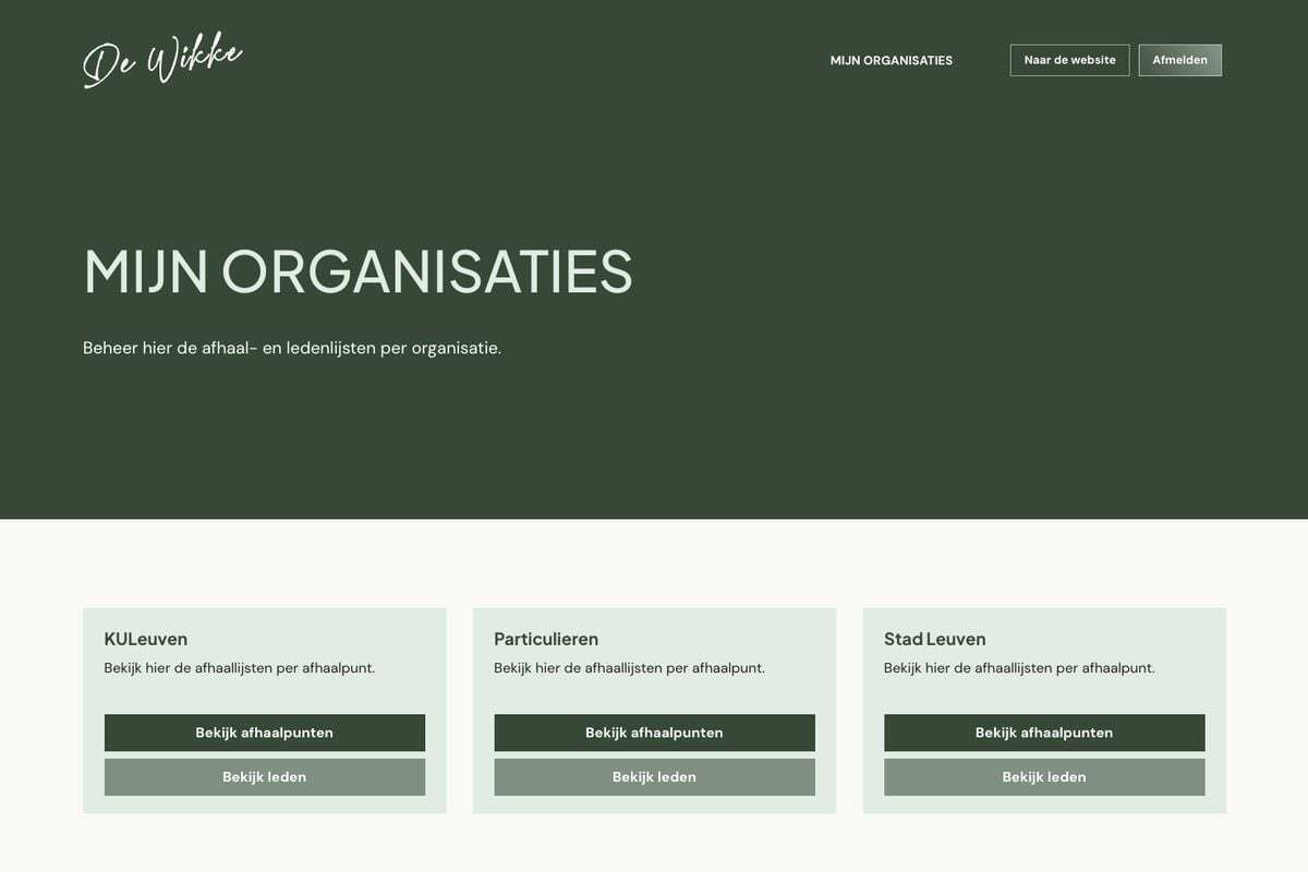 De Wikke dashboard ’My organisations’ with pick-up points for KU Leuven, private customers and the City of Leuven