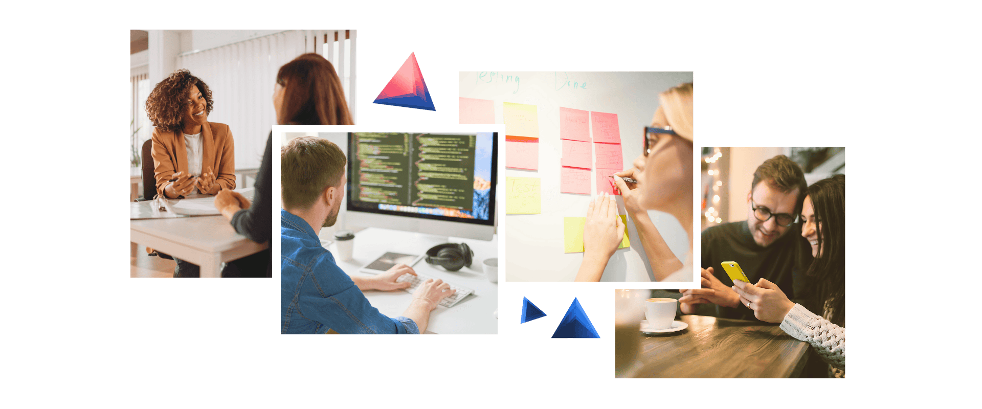 Four images showing different working scenes in our Digital Product Studio. Top left: two colleagues talking at a table. Top right: a person working at a computer with code on the screen. Bottom left: a group of people working together using post-its on a board. Bottom right: two people looking contentedly at their mobile devices.