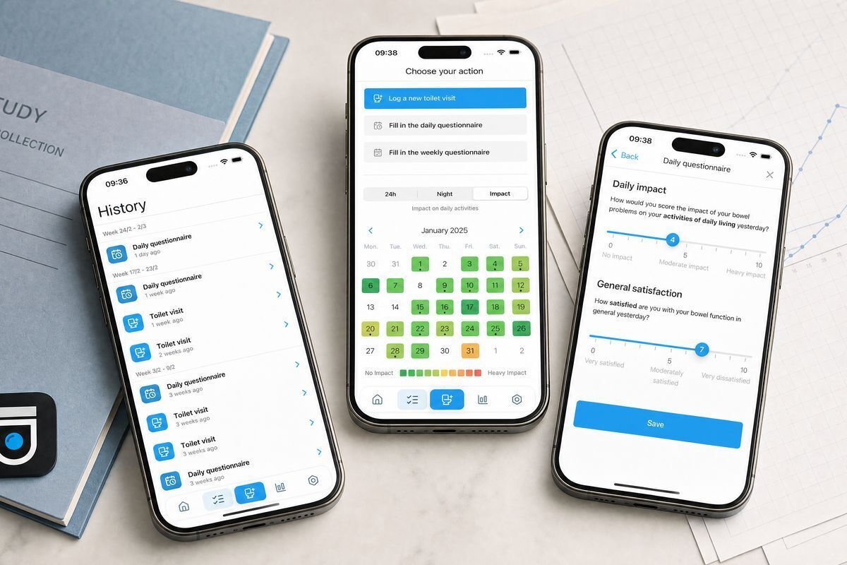 Three phones with S.Tool screens: history, action menu with calendar and daily questionnaire