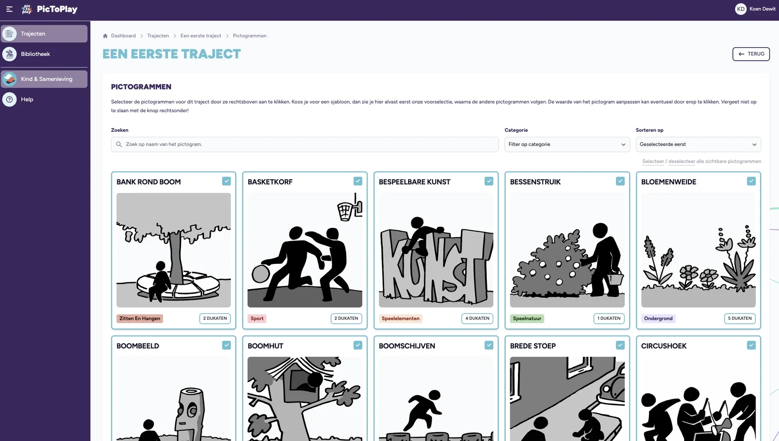 Het PictoPlay-scherm om pictogrammen te kiezen, met categorie en prijs per pictogram.