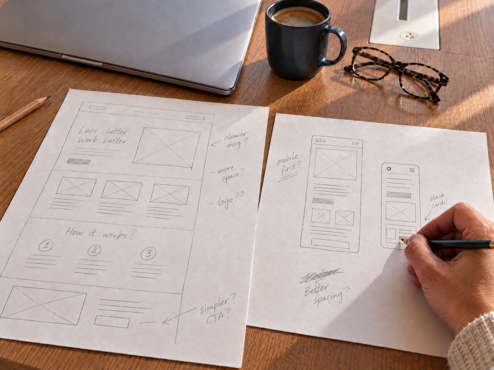 Wireframes sketched by hand on paper