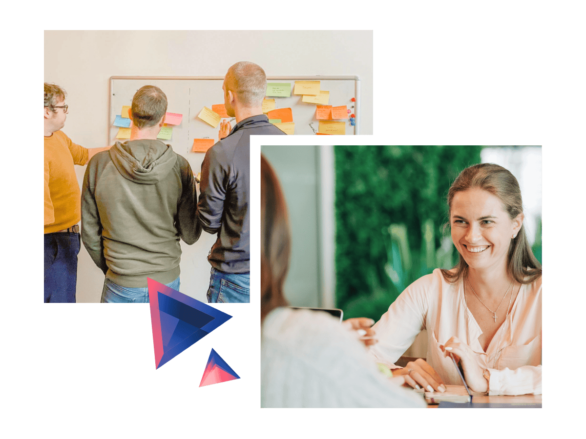 Three people developing a website together at a whiteboard with sticky notes, a woman who wants to have a website made, laughing during an introductory meeting