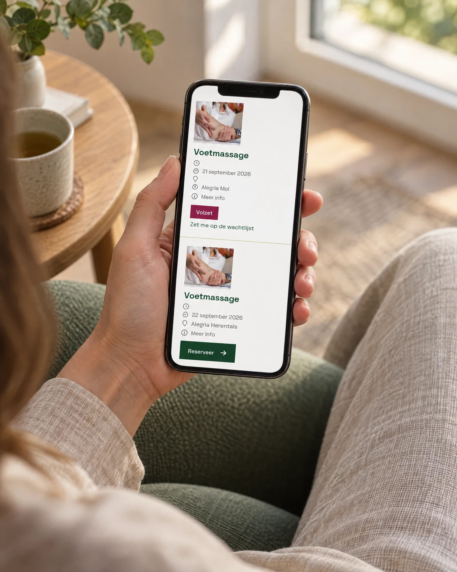 Alegria activities and waiting lists on a smartphone.