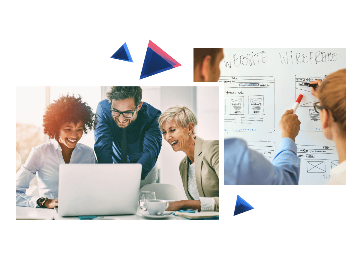 Een collage met foto's van een divers team dat samenwerkt aan UI/UX design projecten - ze lachen terwijl ze aan een laptop werken, schetsen maken op een whiteboard en wireframes tekenen.