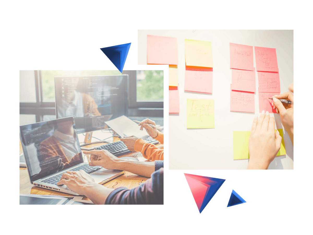 A collage of two photos showing different aspects of creating a website: on the left a person coding on a laptop with a code editor on the screen, in the middle a whiteboard with organized sticky notes representing user feedback.