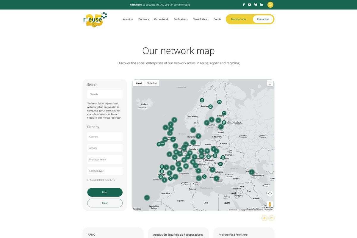 RREUSE-netwerkkaart met honderden gemarkeerde organisaties in Europa
