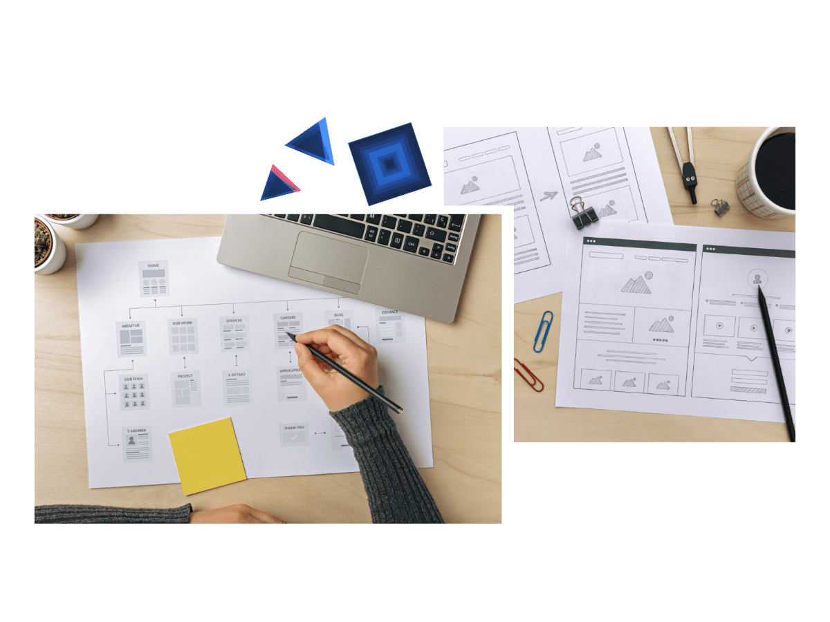 A workspace with a laptop, papers with website wireframes, a coffee cup and drawing tools, indicating the design process of developing a new website.