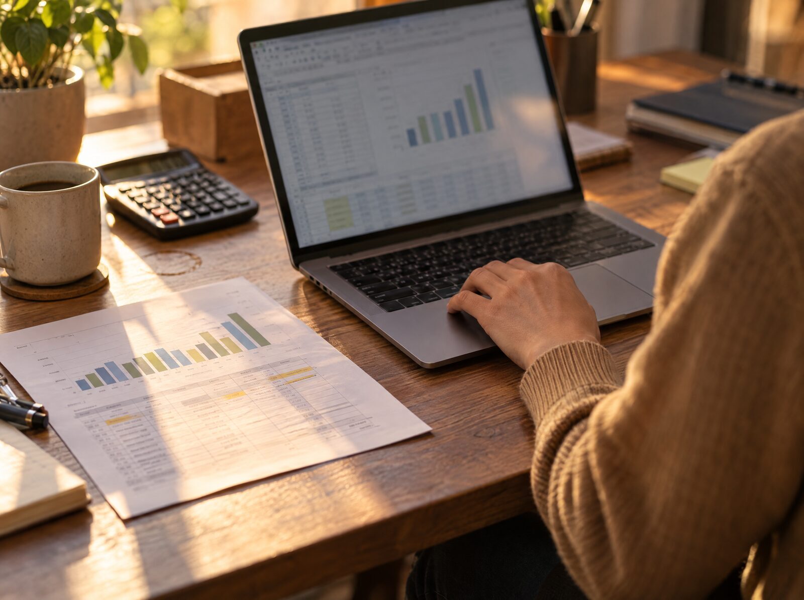 Laptop met een spreadsheet en een staafgrafiek, naast een afgedrukt rapport en een rekenmachine