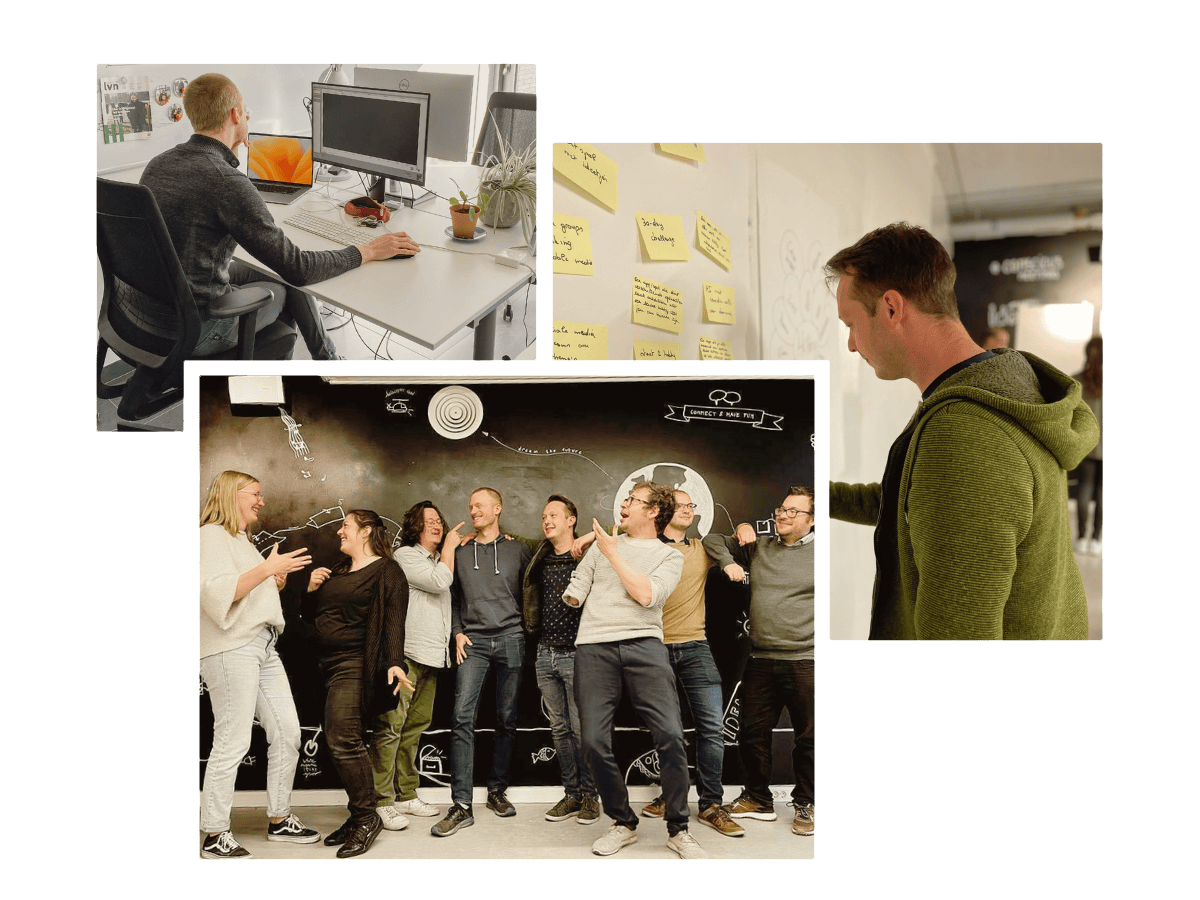 A collage of Zenjoy employees: on the left, a man at a desk with a computer, on the right, a group of colleagues laughing during an informal gathering.