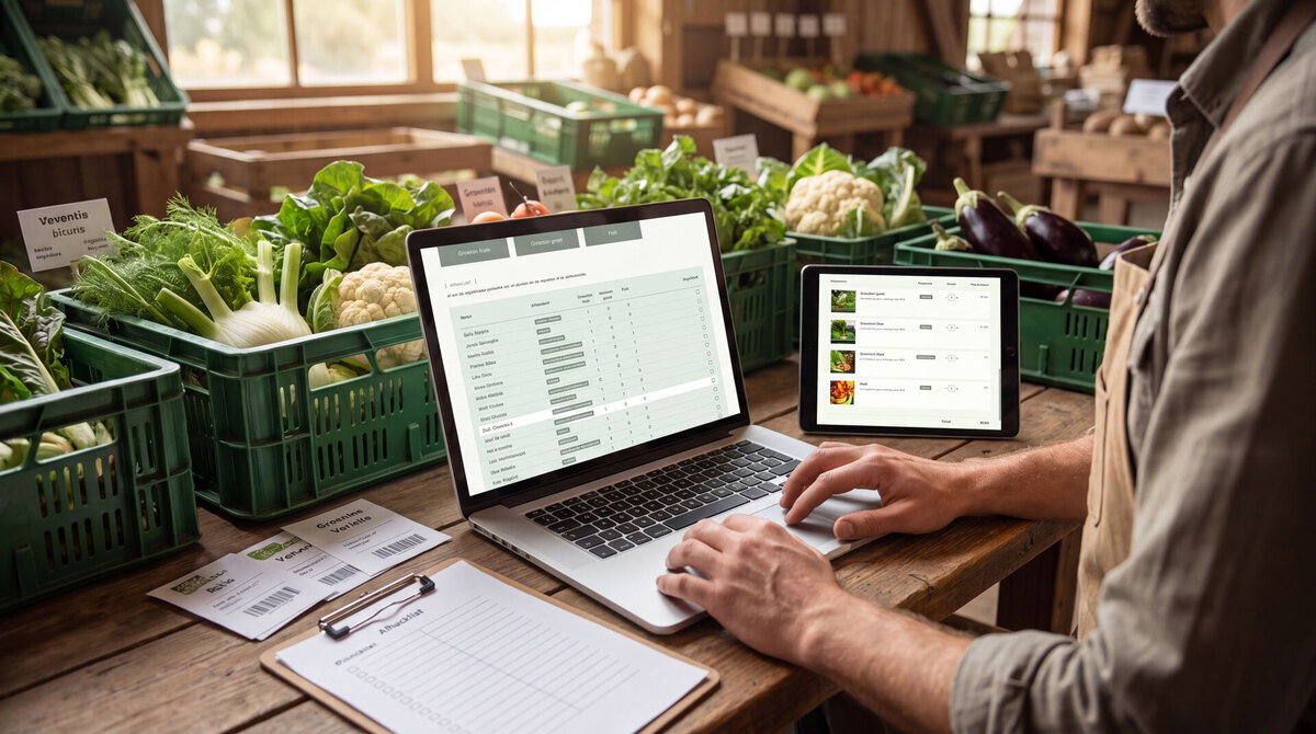 Medewerker van De Wikke beheert bestellingen op het platform, op laptop en tablet