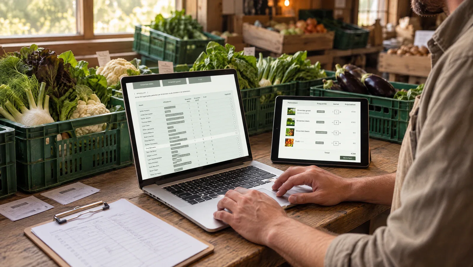 Medewerker van De Wikke beheert bestellingen op het platform, op laptop en tablet