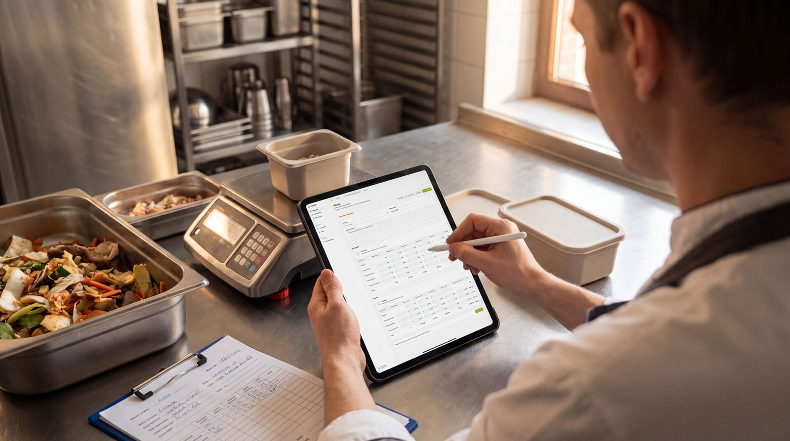 Een keukenmedewerker vult een FoodWIN-meting in op een tablet, naast een weegschaal en een papieren meetformulier