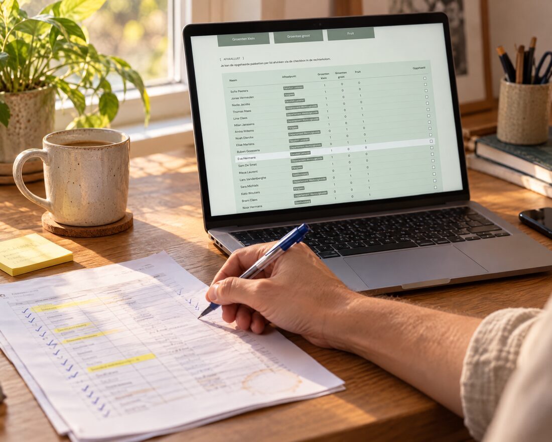 Een hand met pen vinkt een afgedrukte lijst af, naast een laptop met dezelfde lijst in een webapplicatie