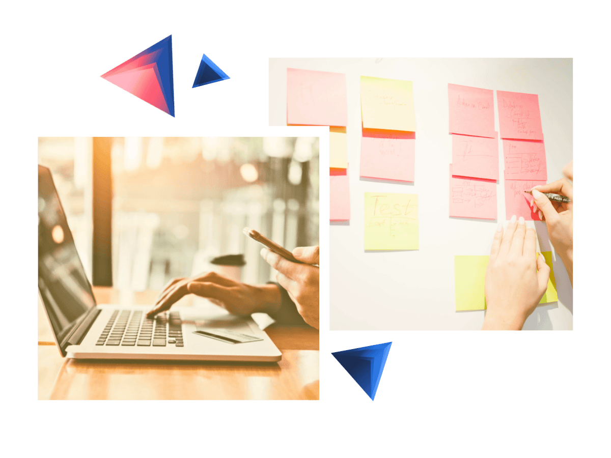 A collage of two photos showing different aspects of website development: on the left a person coding on a laptop with a code editor on the screen, in the middle a whiteboard with organized sticky notes representing user feedback.