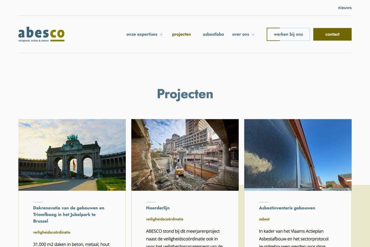 Abesco project overview with photos of the Arc de Triomphe, a demolition site and a window construction