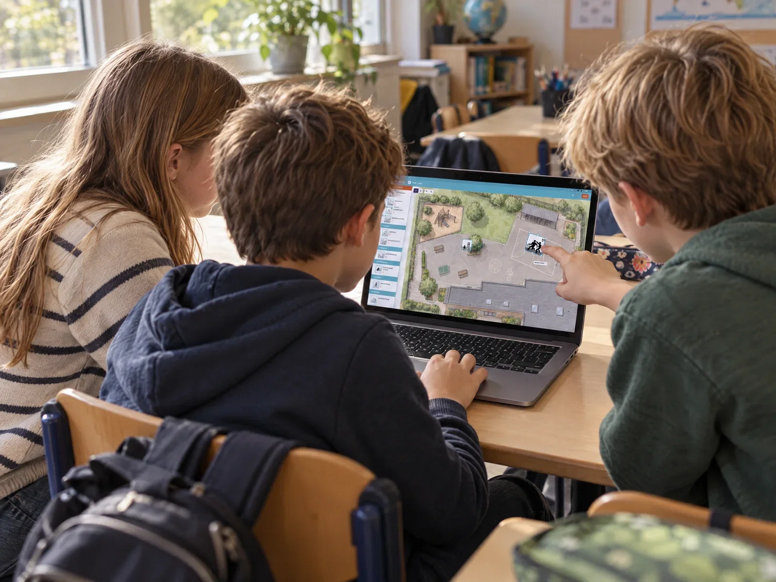 Drie kinderen plaatsen samen pictogrammen op het plan van hun speelplaats.