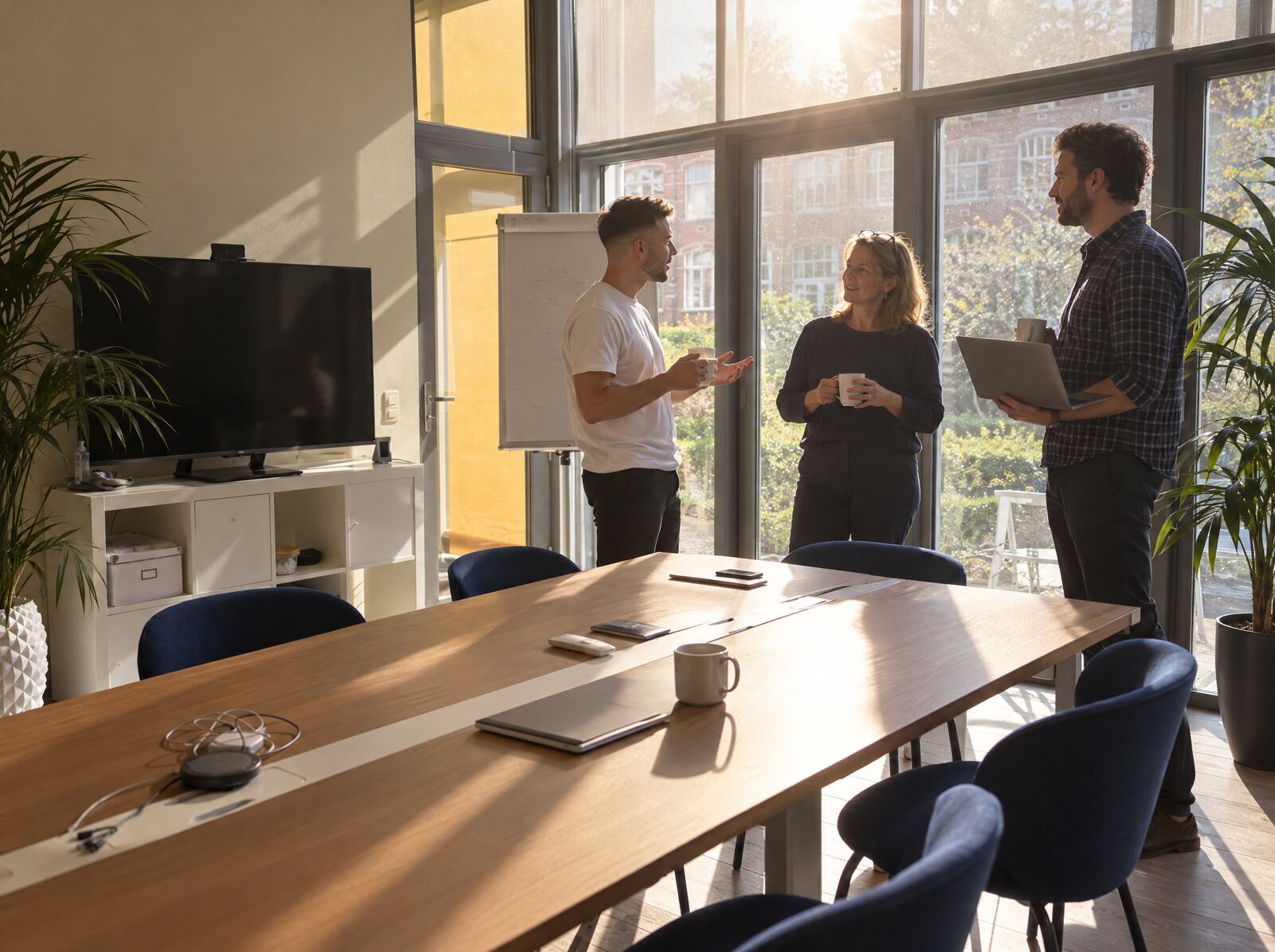 Drie collega’s in gesprek bij het raam van een vergaderruimte