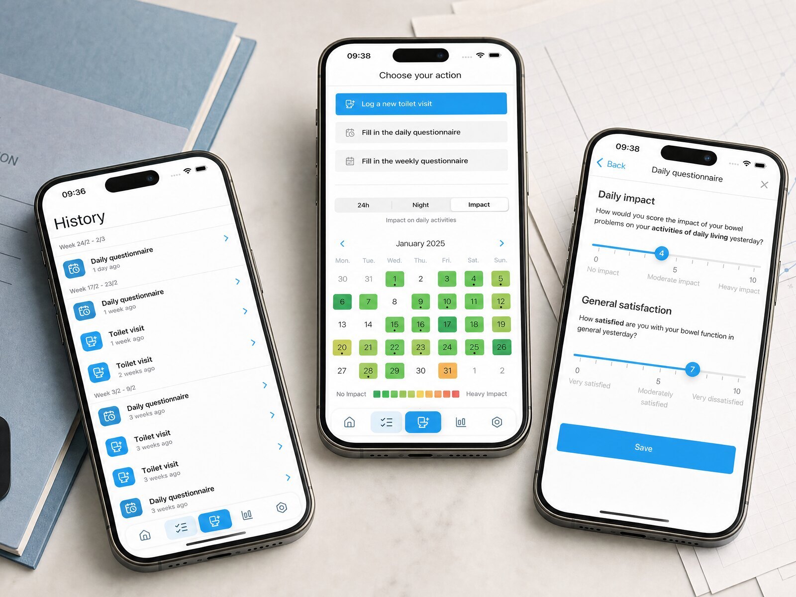 Drie telefoonschermen van de S.Tool-app naast een studiemap