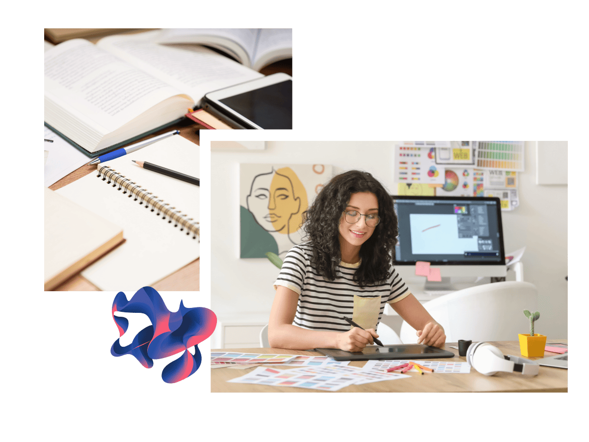 A young woman with curly hair and a striped shirt sits at a desk, working on a graphics tablet connected to a large-screen computer. On the desk are colour swatches, a notebook, and a yellow potted plant. Behind her hangs a notice board with various design elements and notes. The image conveys a professional mood of someone working on web design.