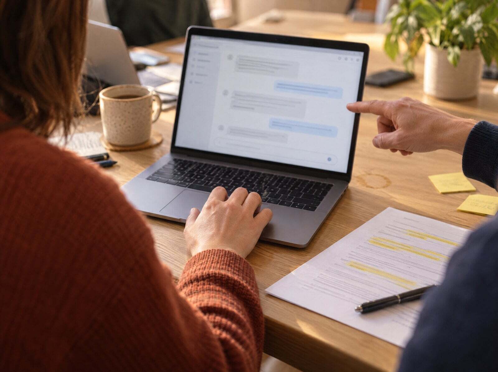 Iemand werkt met een AI-chat op de laptop, naast een eigen document met markeringen. Een collega wijst mee op het scherm.