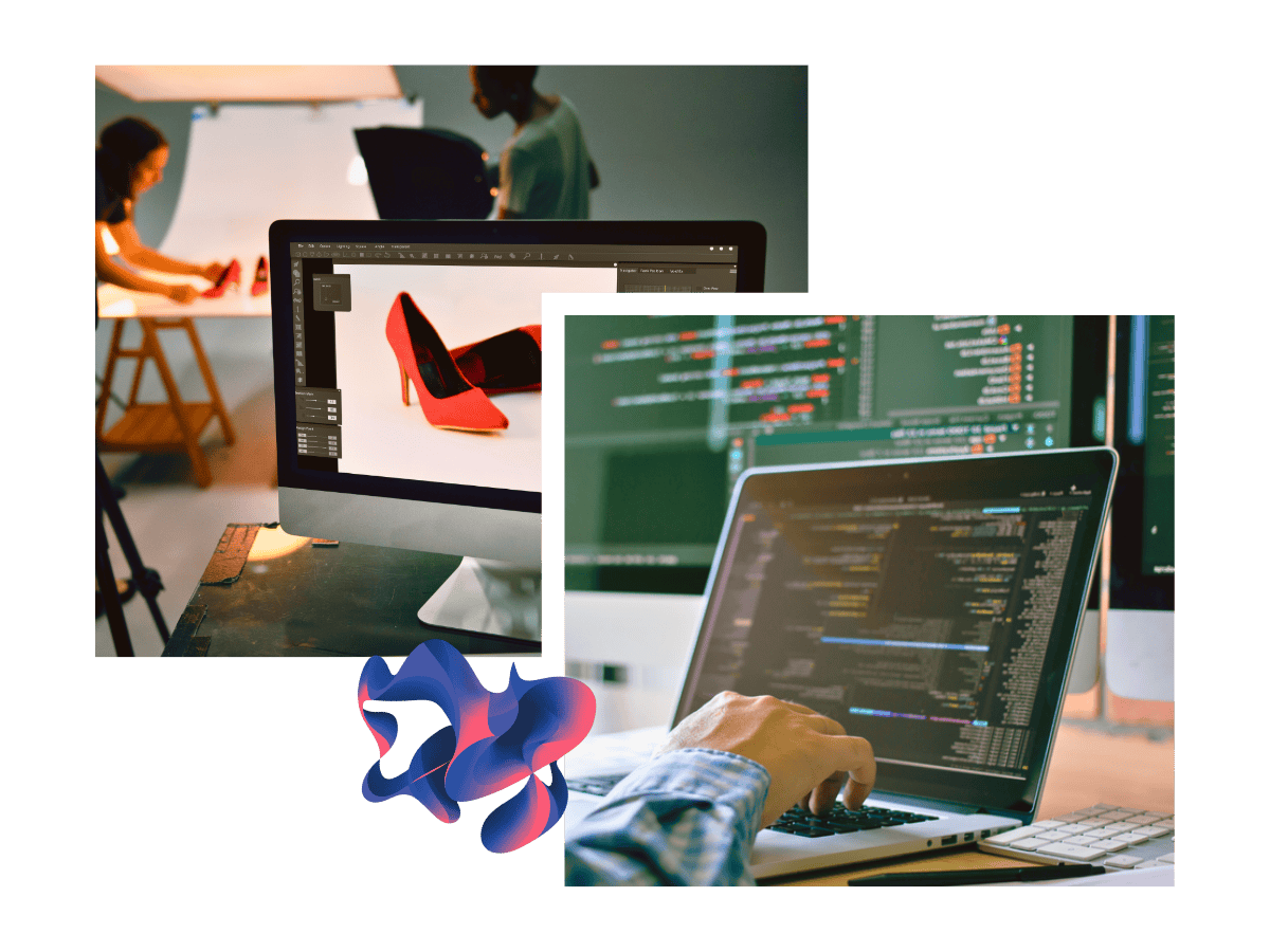 A collage of two images showing a work environment where website development is done: top left a person taking notes next to a cup of coffee, top right a workstation with two monitors showing graphic designs.