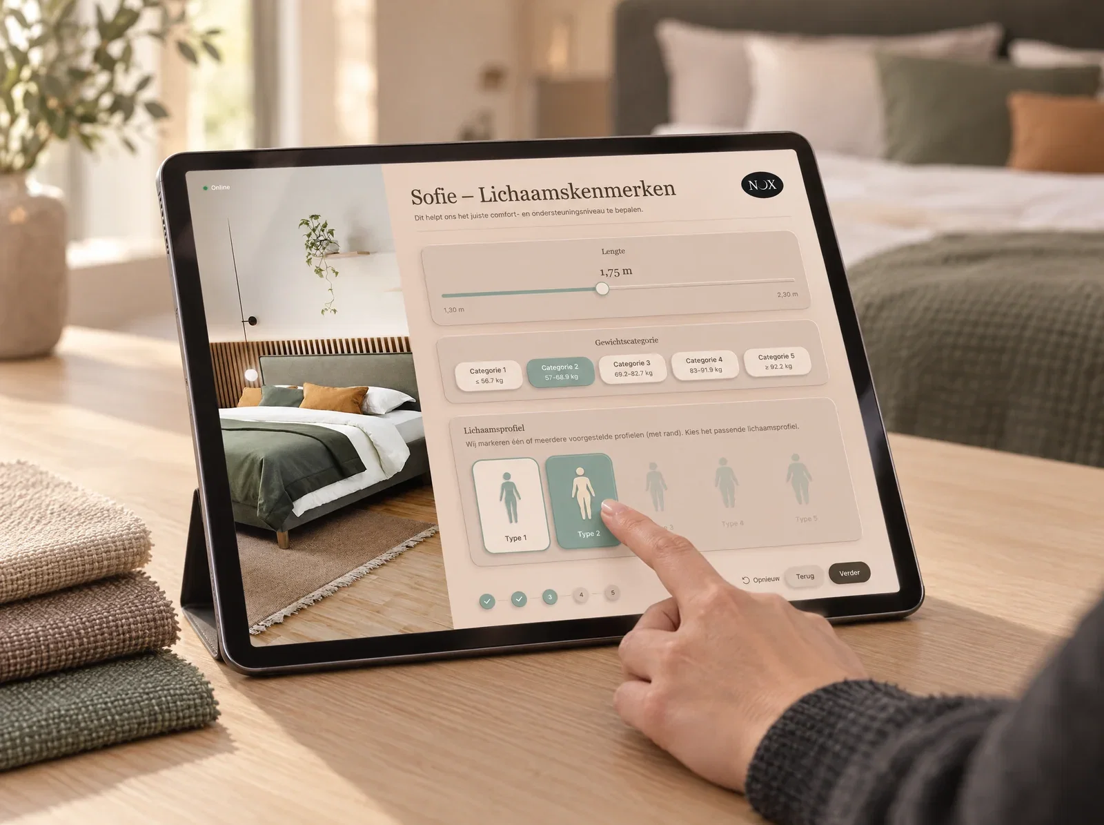 A hand choosing the body profile in the NOX configurator on a tablet
