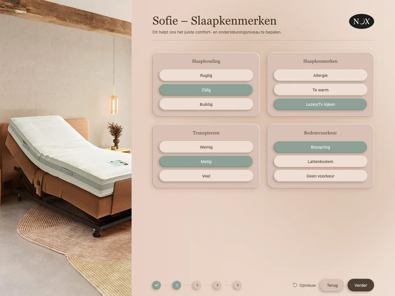The sleep characteristics step in the NOX configurator, filled in for Sofie