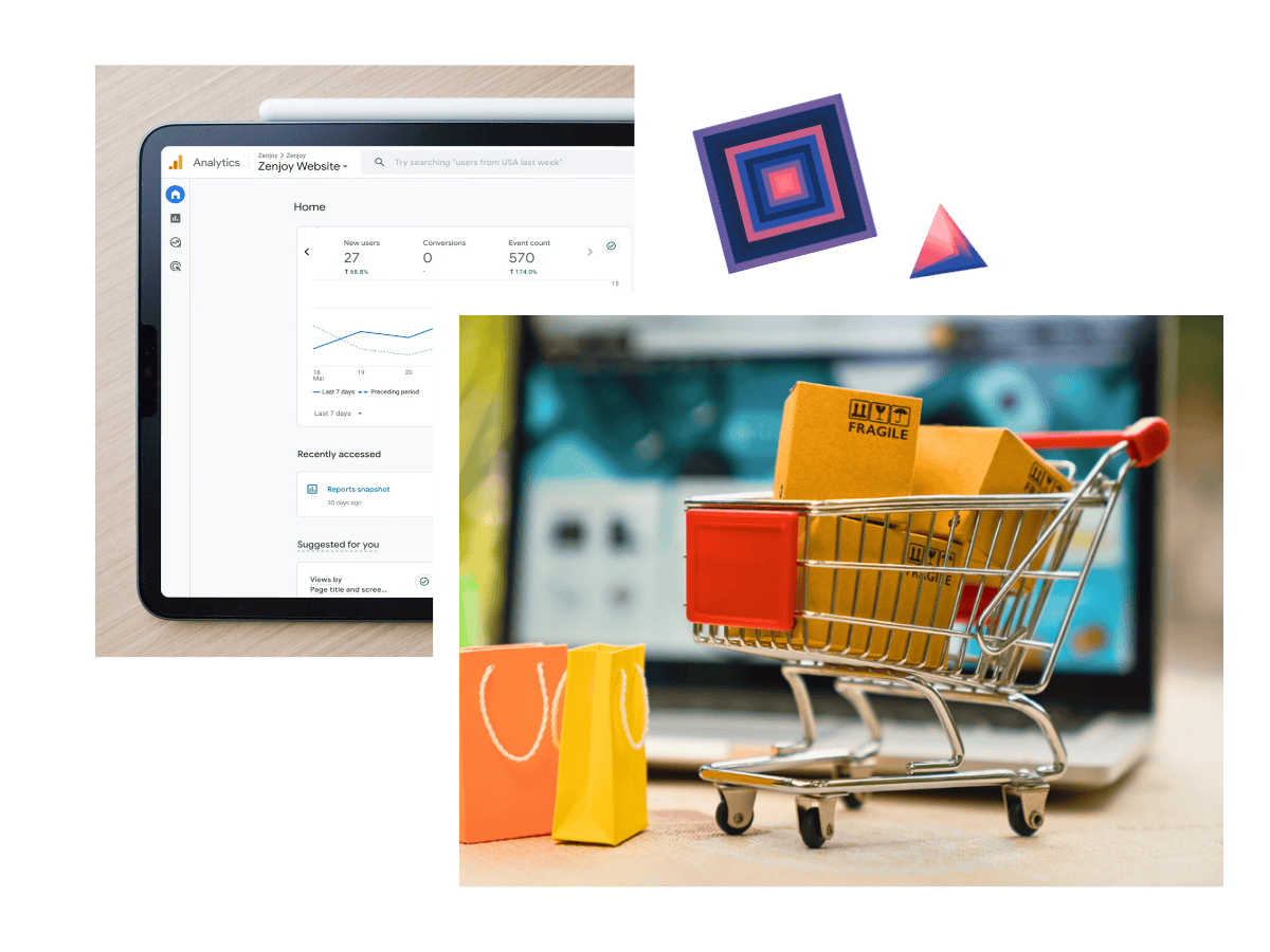 Tablet and laptop on a wooden desk with open web analytics and a successfully launched website development project.
