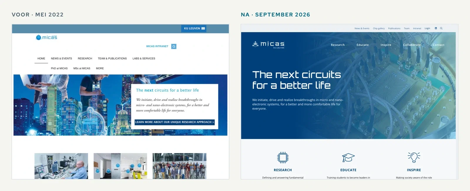 The MICAS homepage in May 2022 and September 2026