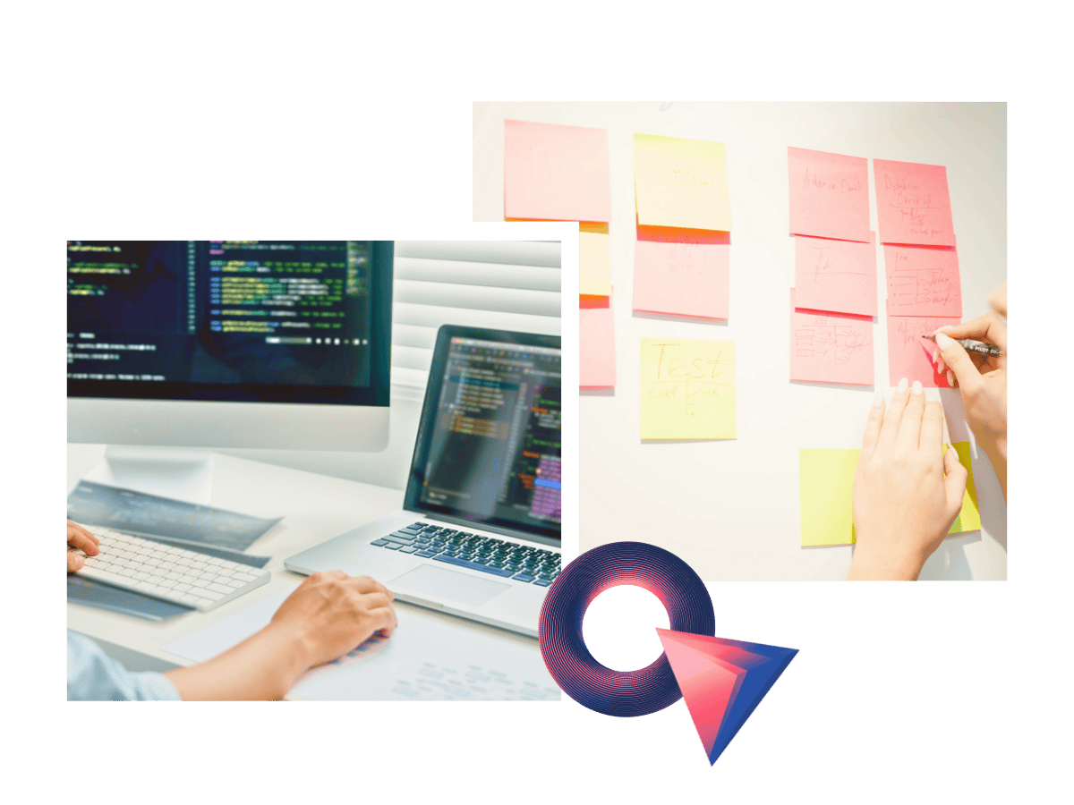 A collage of two photos showing different aspects of web design: on the left, a person coding on a laptop with a code editor on the screen; in the middle, a whiteboard with organised sticky notes representing user feedback....