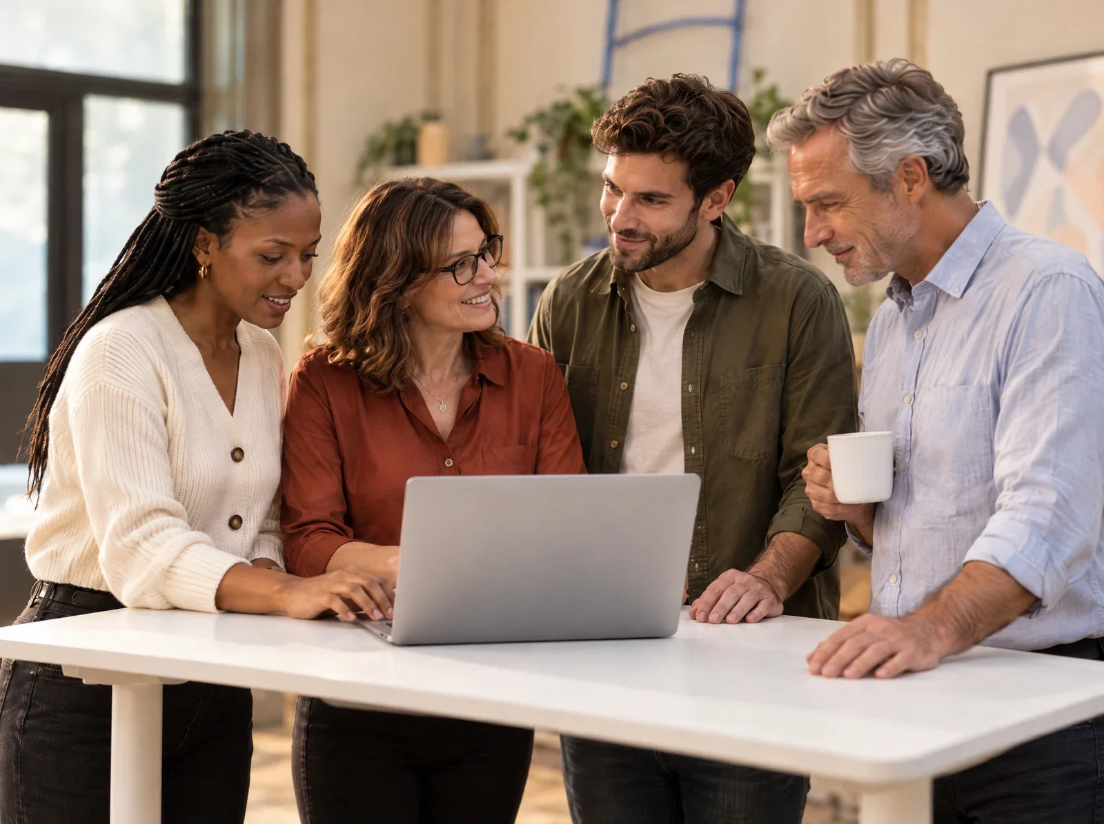 Het Zenjoy-team overlegt samen rond een laptop