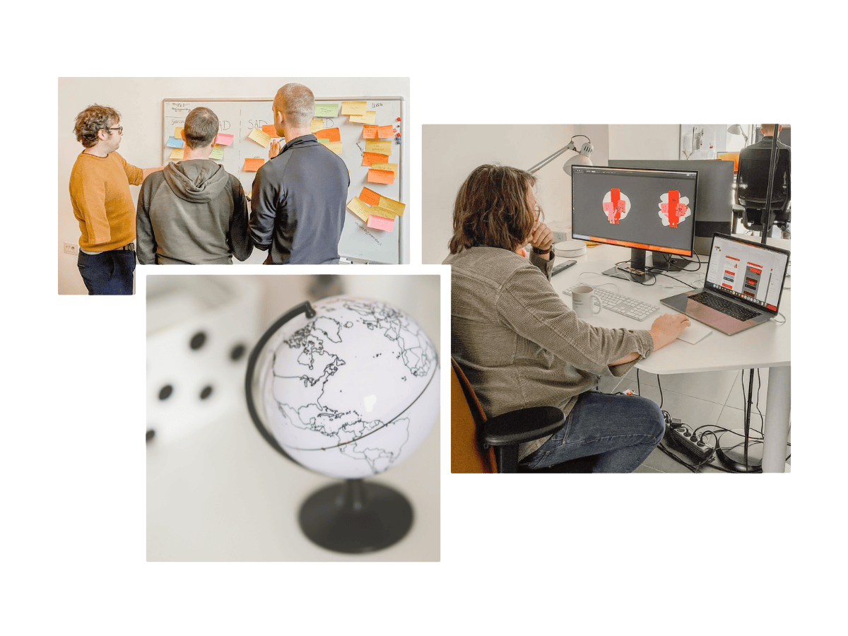 A composite image with three people collaborating at a whiteboard full of post-it notes on the left, and on the right, a person working at a desk with multiple screens, with a globe and dice in the foreground.