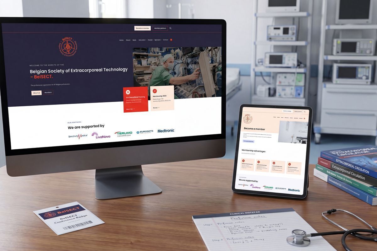 iMac and iPad showing the BelSECT website and membership platform in a clinical setting