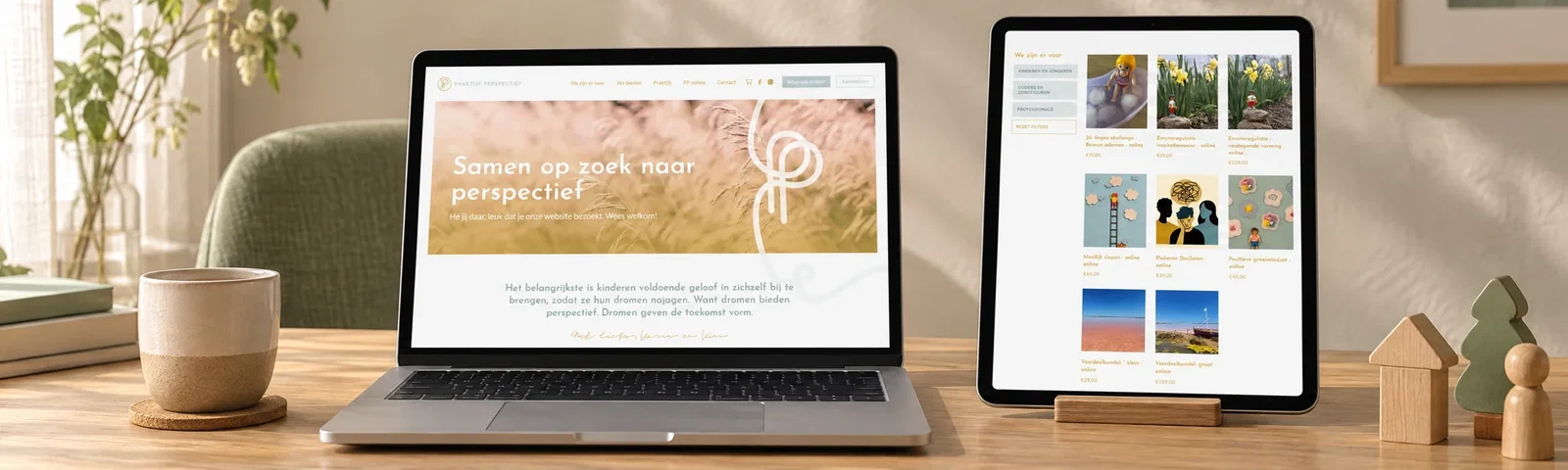 The Praktijk Perspectief website and PP Online on a laptop and tablet