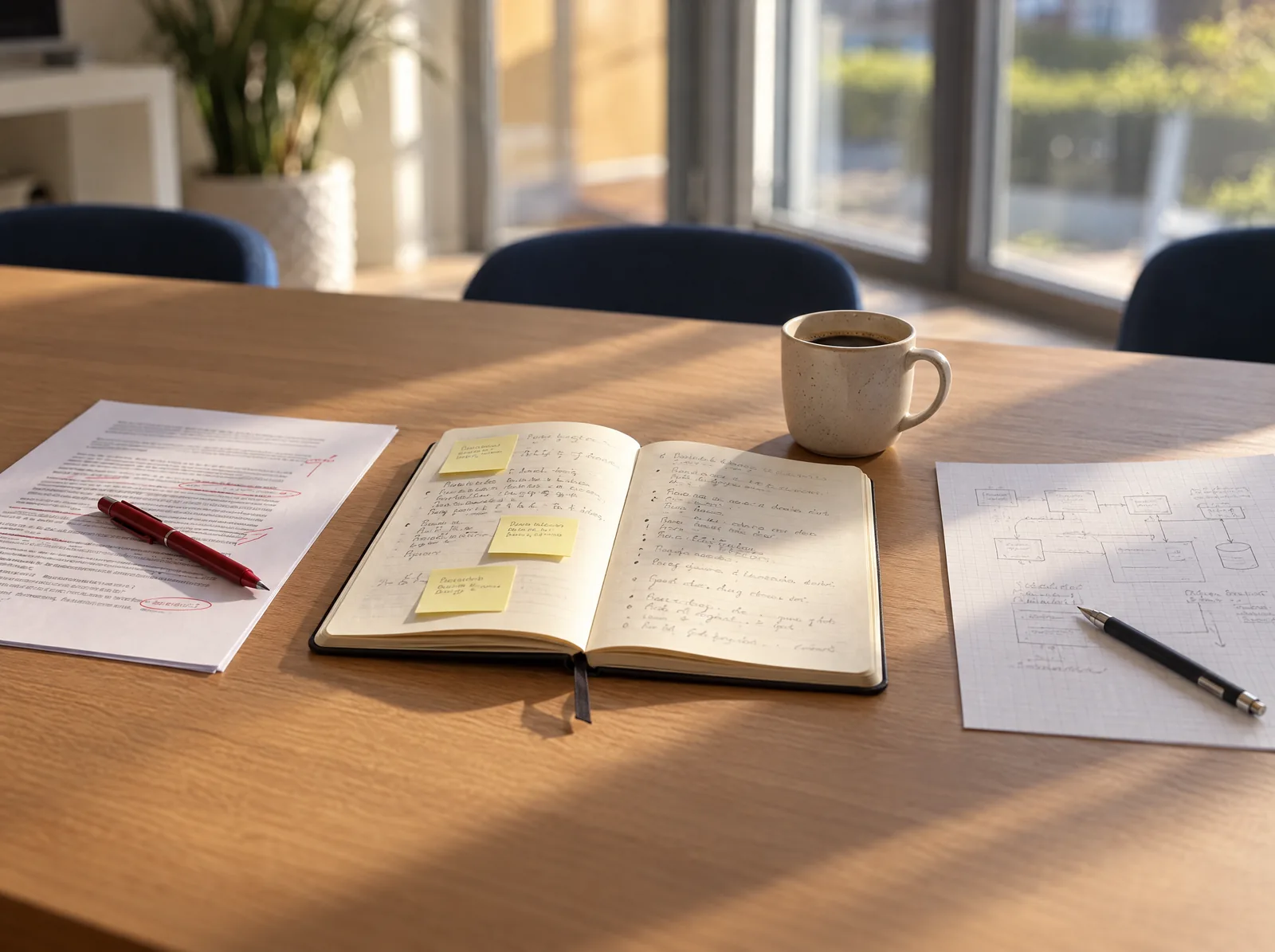 Tafel met een tekst vol rode correcties, een notitieboek van een interview en een schets van een systeem