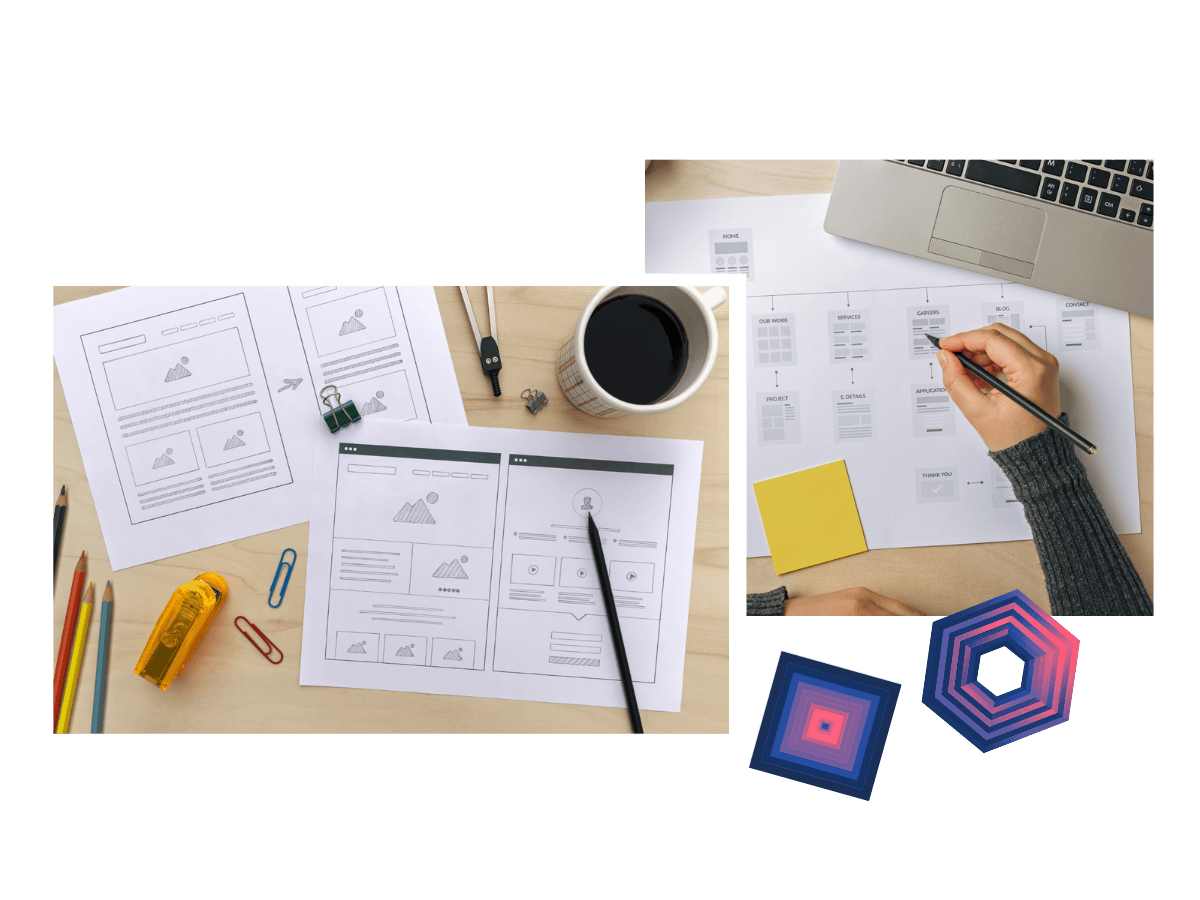 A workspace with a laptop, papers with website wireframes, a coffee cup and drawing tools, indicating the design process of creating a new website.