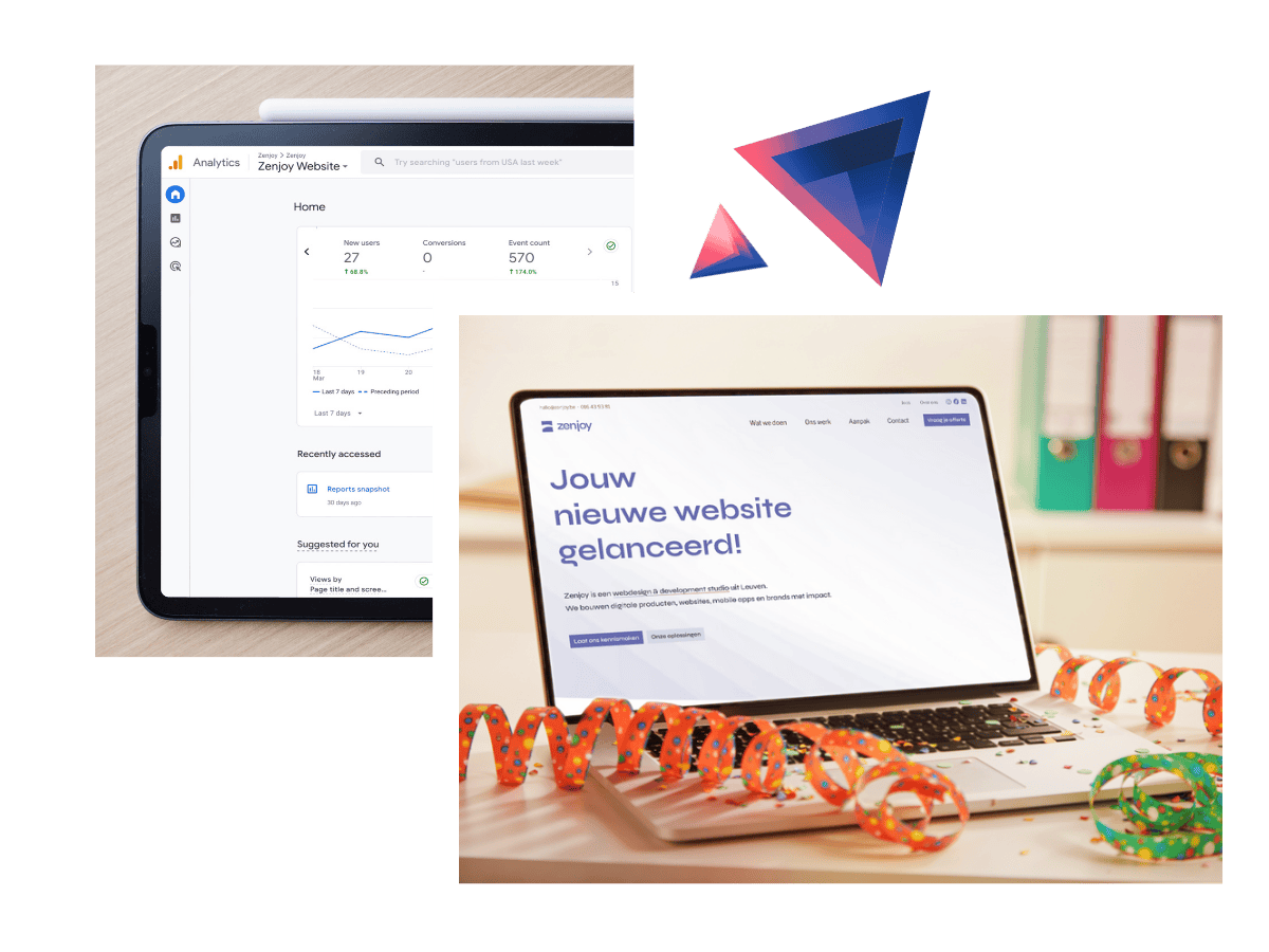 Tablet and laptop on a wooden desk with open web analytics and a successfully launched website project.