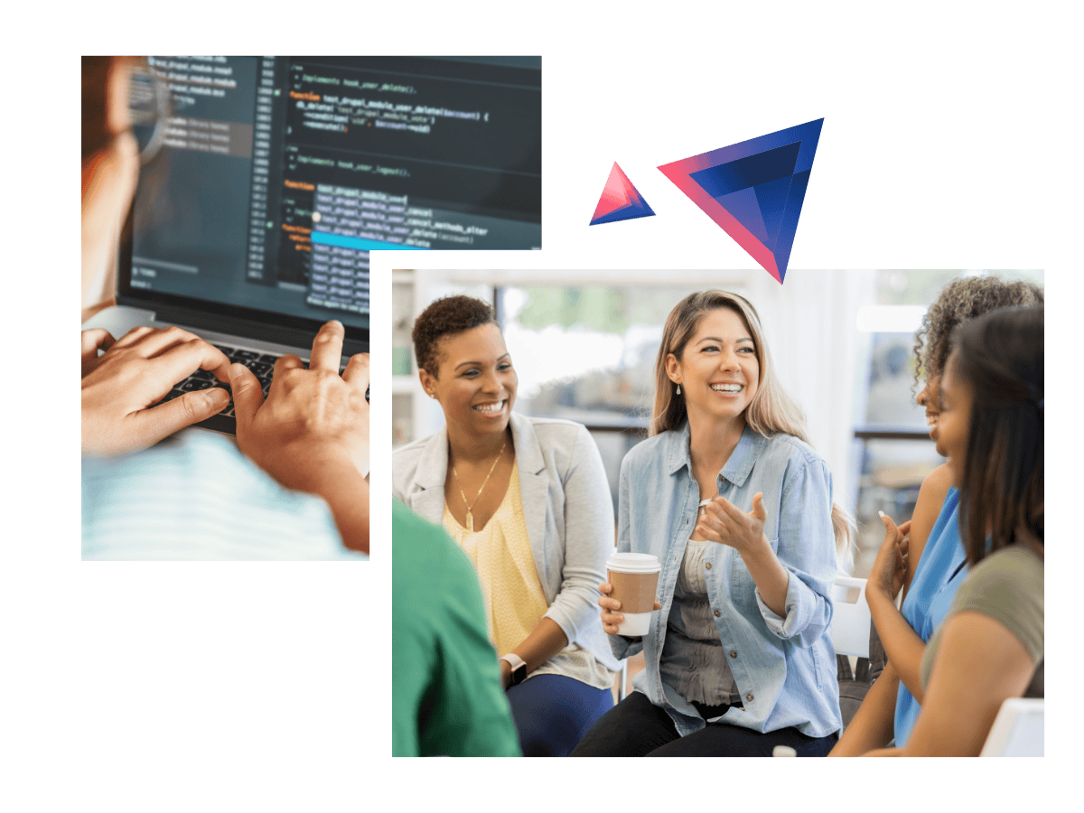 Software Engineer werkt aan software op een laptop, rechts een groep mensen tevreden van met de software ontwikkeling