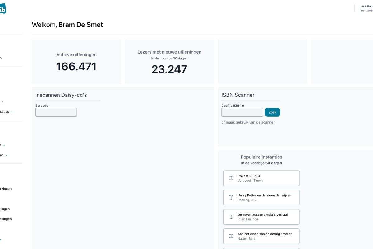 Luisterpunt Bib-dashboard met 166.471 actieve uitleningen en een ISBN-scanner