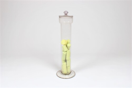 thumbnails bij product old cylinder in glass filled with sulfur