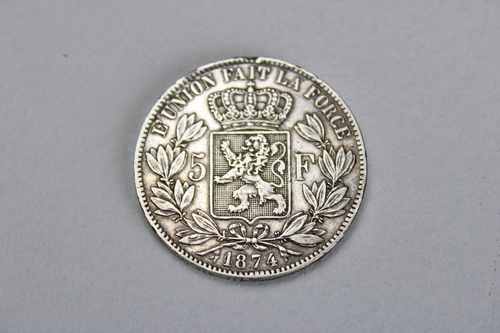 thumbnails bij product zilveren munt 5 Francs Leopold II 1874
