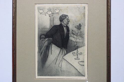 thumbnails bij product waiter in restaurant, etching, +/- 1900