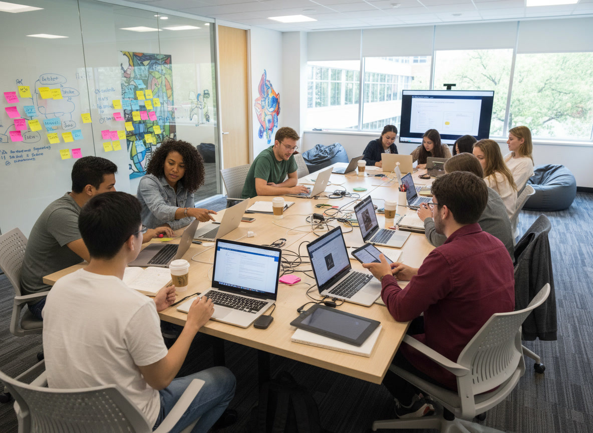 des étudiants autour d'une table avec des laptops