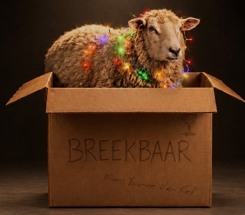 Een schaap met kerstlichtjes zit in een kartonnen verhuisdoos met het opschrift ‘Breekbaar’.